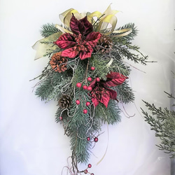 クリスマス スワッグ ポインセチア（ワイン）と 野バラの実 Mサイズ アーティフィシャルフラワー 4枚目の画像