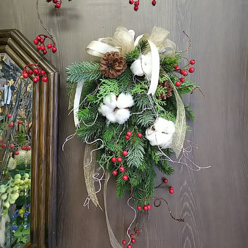 北欧調 クリスマススワッグ 野バラの実 ＆ ワタの実 アーティ