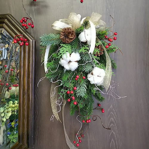 北欧調 クリスマススワッグ 野バラの実 ＆ ワタの実 アーティ