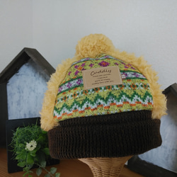 『冬支度ハンドメイド2021』4枚はぎニット帽（グリーン系）キッズ用 （50~54cm） 1枚目の画像