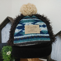 『冬支度ハンドメイド２０２１』4枚はぎニット帽（青系）キッズ用（50~54cm） 1枚目の画像