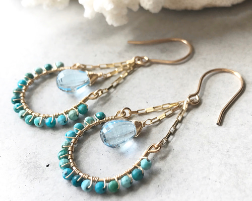 K14gf】ブルートパーズとターコイズのシャンデリアピアス(イヤリング