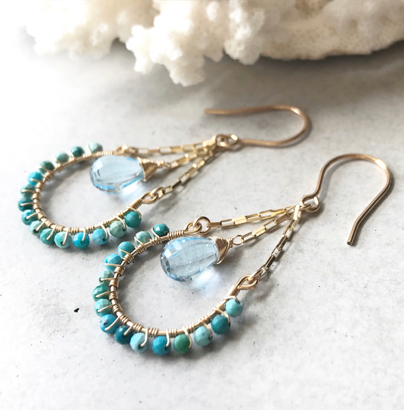 K14gf】ブルートパーズとターコイズのシャンデリアピアス(イヤリング