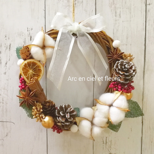 クリスマスリース　21センチ コットンとドライレモンのクリスマスリース✳21センチ〈飾りやすい