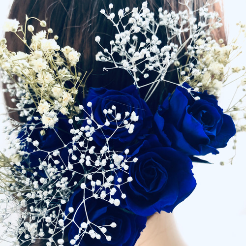 青い薔薇ヘッドドレス／髪飾りプリザーブドフラワー／ウェディング・前