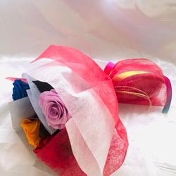 プリザーブドフラワー/赤青紫緑オレンジの薔薇5輪花束（花束ラッピング） 2枚目の画像