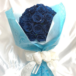 青い薔薇50輪の花束アレンジ／枯れない薔薇プリザーブドフラワー／花束ラッピングブーケスタンド付き 5枚目の画像