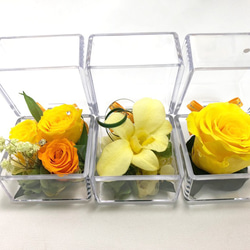 クリアキューブの中に咲く黄色い花たちの時間／プリザーブドフラワー／ギフトボックス付き 3枚目の画像