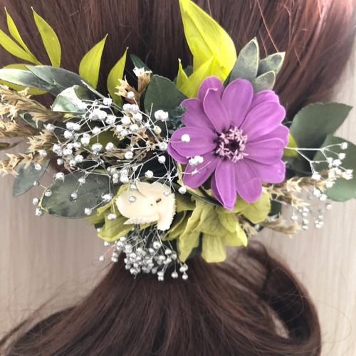 グリーンとパープルジニアと小花のボタニカルヘアアクセサリー 