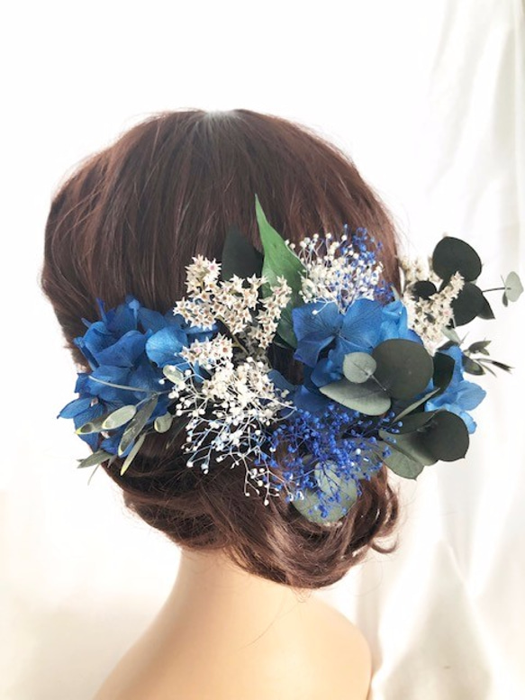 【ヘッドドレス／髪飾りプリザーブドフラワー／ウェディング・前撮り和装】グリーンと青と白いお花のサムシングブルー 3枚目の画像