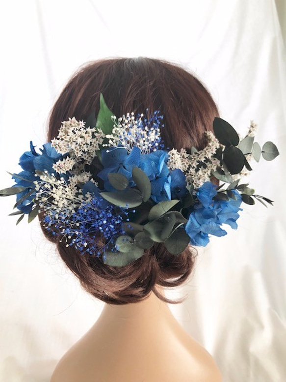 【ヘッドドレス／髪飾りプリザーブドフラワー／ウェディング・前撮り和装】グリーンと青と白いお花のサムシングブルー 4枚目の画像