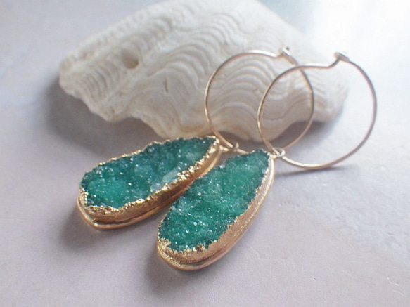 14kgf* Ocean Druzy Goddess Earrings ドゥルージーの14kgfフープピアス 3枚目の画像