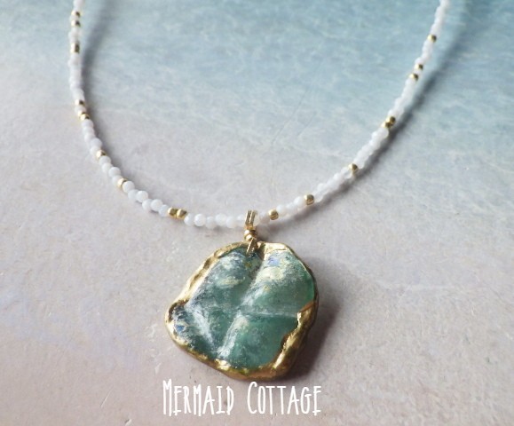 3WAY☆銀化☆十字☆金フレームのローマングラス☆ネックレス*14kgf*Ancient Romanglass