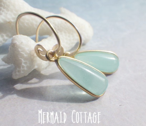 *14kgf*Chalcedony Swirl Earrings　アクアカルセドニーの渦巻きピアス☆槌目