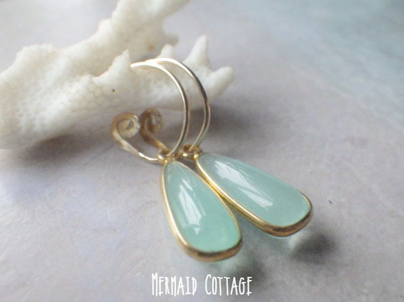 *14kgf*Chalcedony Swirl Earrings　アクアカルセドニーの渦巻きピアス☆槌目 2枚目の画像