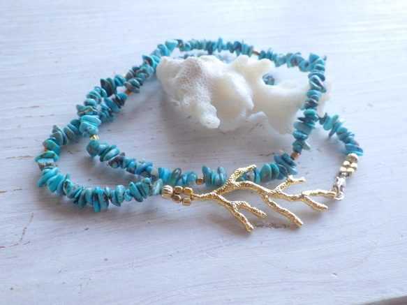 ⭐︎再販⭐︎Big Coral Leaf Turquoise Necklace& Bracelet--2way 4枚目の画像
