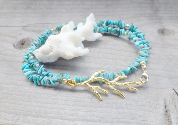 ⭐︎再販⭐︎Big Coral Leaf Turquoise Necklace& Bracelet--2way 5枚目の画像