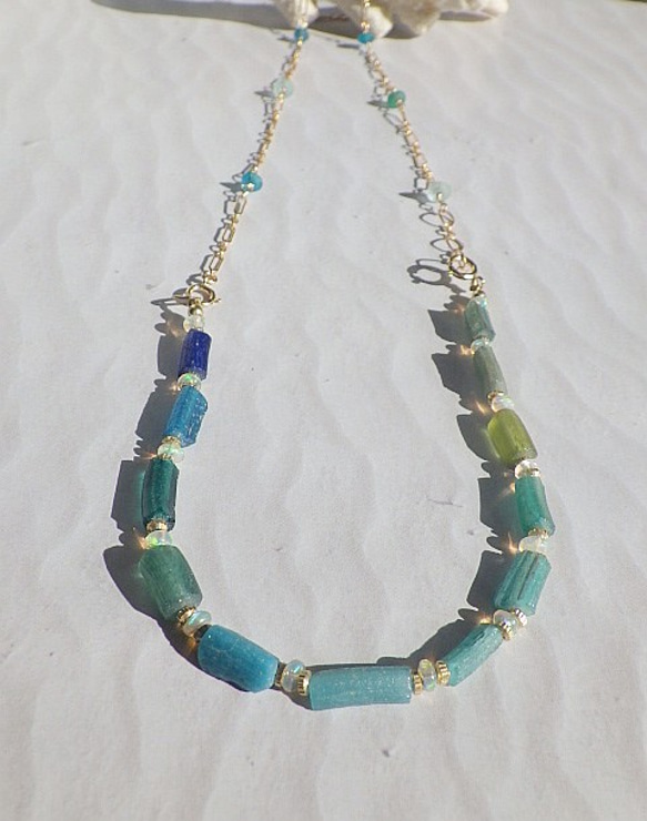 4WAY! 海色ローマングラス　Ocean Romanglass Bracelet&Necklace  *14kgf* 2枚目の画像