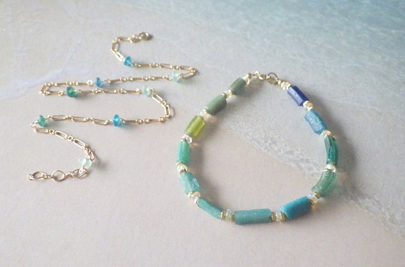 4WAY! 海色ローマングラス　Ocean Romanglass Bracelet&Necklace  *14kgf* 5枚目の画像