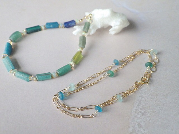 4WAY! 海色ローマングラス　Ocean Romanglass Bracelet&Necklace  *14kgf* 7枚目の画像