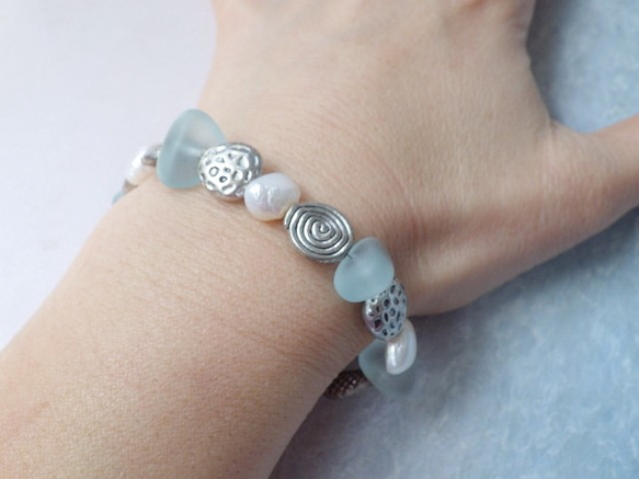 *925* seaglass & Fresh Water Pearl sea creature bracelet*ビーチ 5枚目の画像