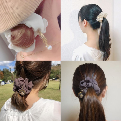 チャーム付きシュシュシュシュ】ココア×くるみボタンビジュー シュシュ