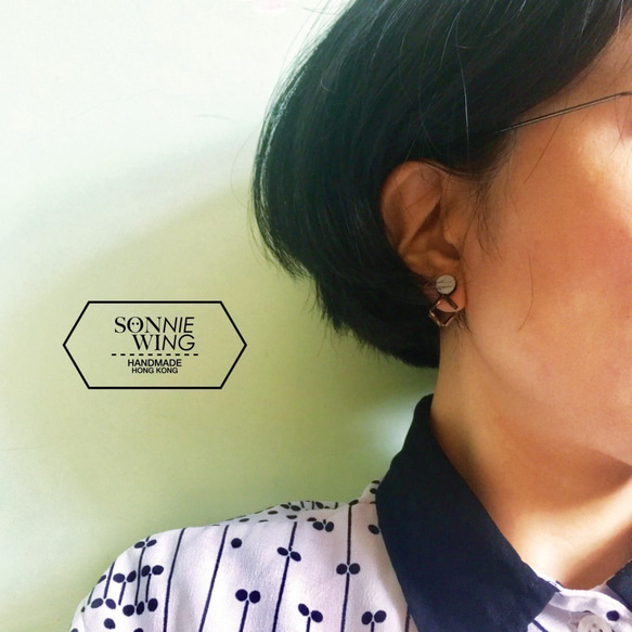 Sonniewing 幾何配色皮革耳環 (純銀耳針) 第3張的照片