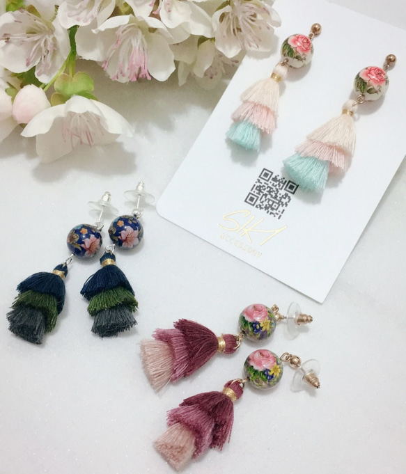 【可轉耳夾】日本入口彩繪珠 配 層層流蘇 耳針 耳環 第2張的照片