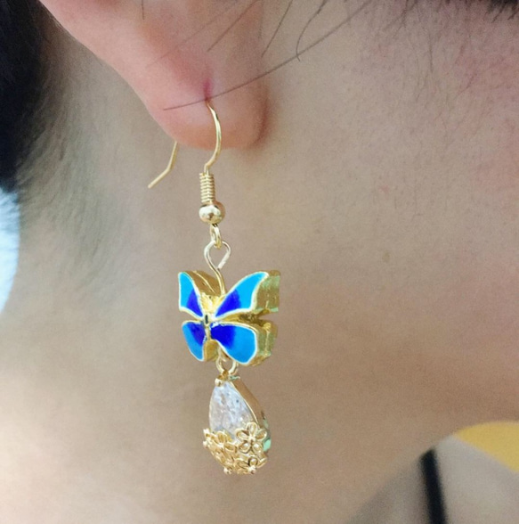 【可轉耳夾】蝴蝶景泰藍珠 配 包金鑽石吊飾 耳環 第2張的照片