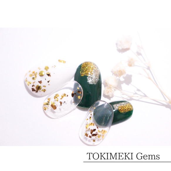 再販】【秋ネイル】緑と金箔のシンプルクリアネイル。 グリーン