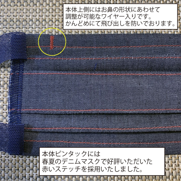 【受注生産・中三日程度納期】軽量デニムプリーツマスク・スモールサイズ赤ステッチ 4枚目の画像