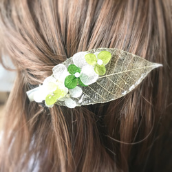 透明葉子&amp;繡球花髮夾綠色 第1張的照片