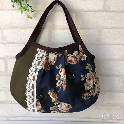 ☆可愛いグラニーバック 綿麻ネコ＆バラ花柄ブルー系☆ グラニーバッグ