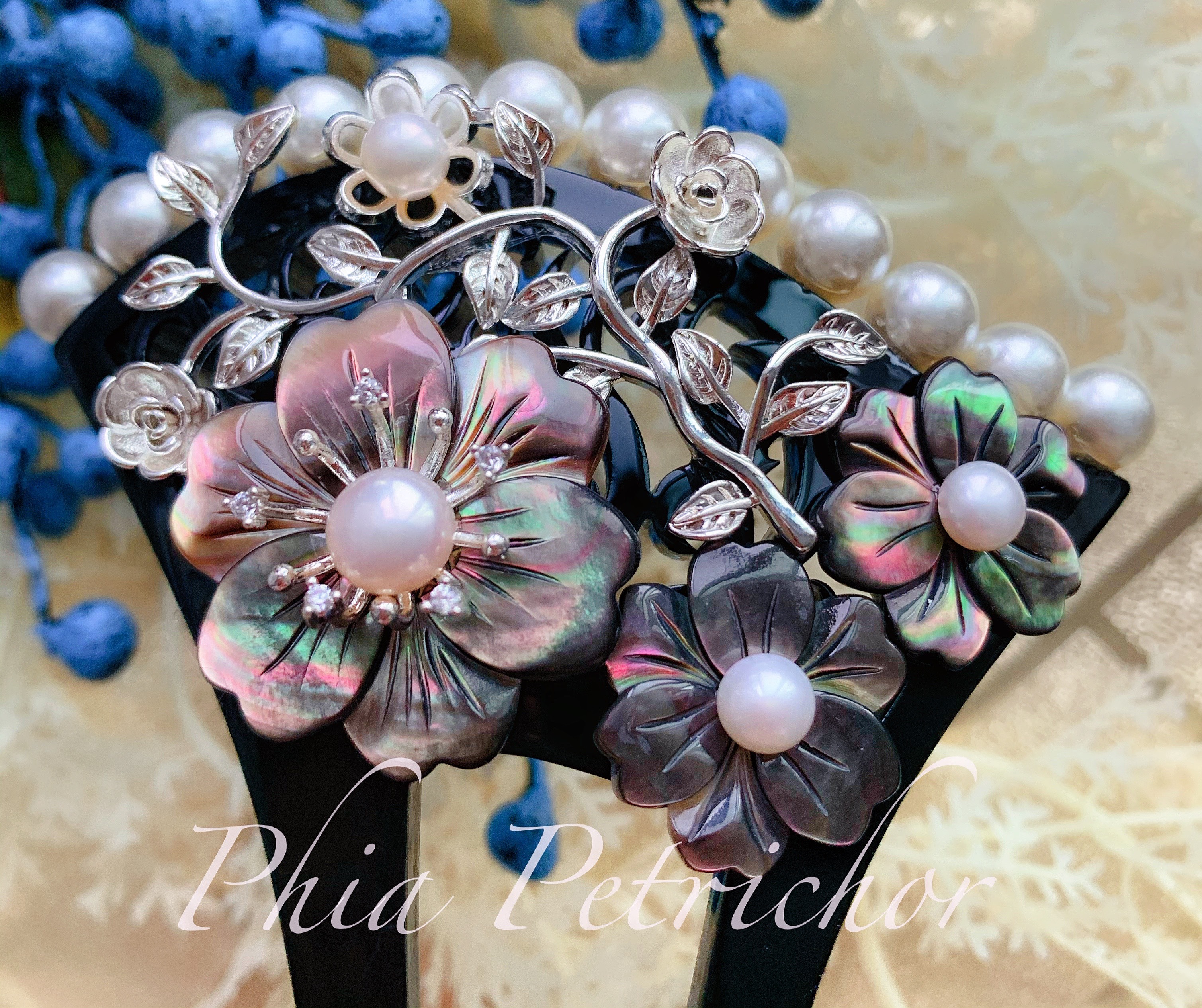 成人式　七五三　梅花と鶴のめでたや簪セット　金属簪　櫛簪　玉簪　Uピン.水引簪