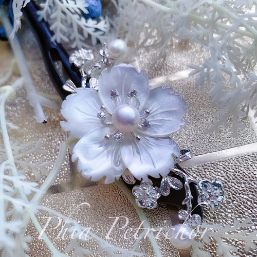 白蝶貝 かんざし パール 真珠 黒檀 一本 簪 留袖 結婚式 着物 浴衣