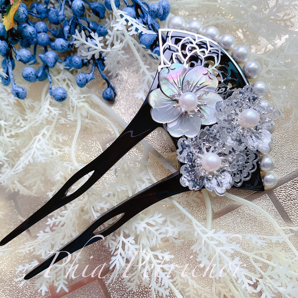 お正月 簪 和 K24GP 桜 かんざし バチ型  パール 簪 着物 髪飾り 留袖 着物 成人式 結婚式 卒業式 黒蝶貝 3枚目の画像