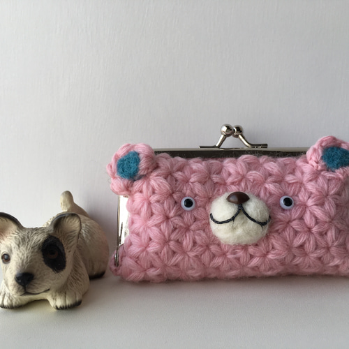 リフ編みで編んだ四角い顔のくまちゃんがま口ポーチ がま口 CAFUNÉ