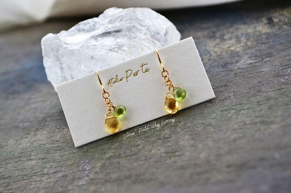 受注製作◇14kgf 宝石質シトリンとペリドットピアス ピアス（フック  