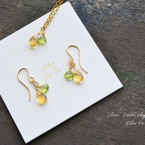 受注製作◇14kgf 宝石質シトリンとペリドットピアス ピアス（フック  