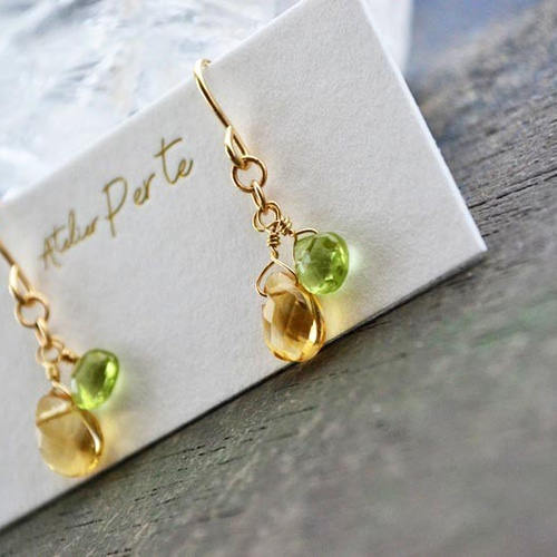 受注製作◇14kgf 宝石質シトリンとペリドットピアス ピアス（フック  