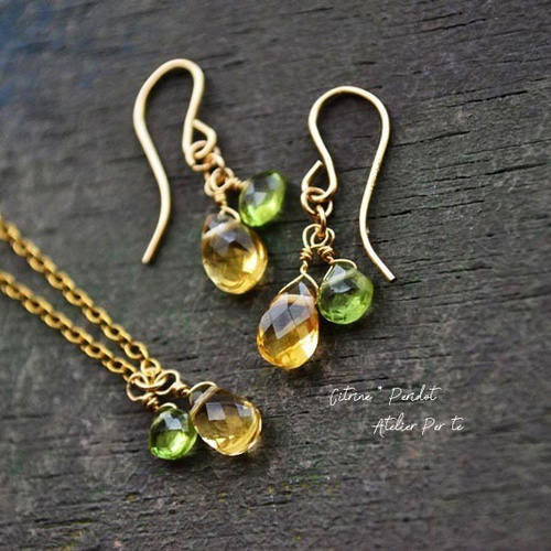 受注製作◇14kgf 宝石質シトリンとペリドットピアス ピアス（フック  