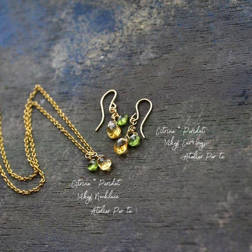 受注製作◇14kgf 宝石質シトリンとペリドットピアス ピアス（フック  