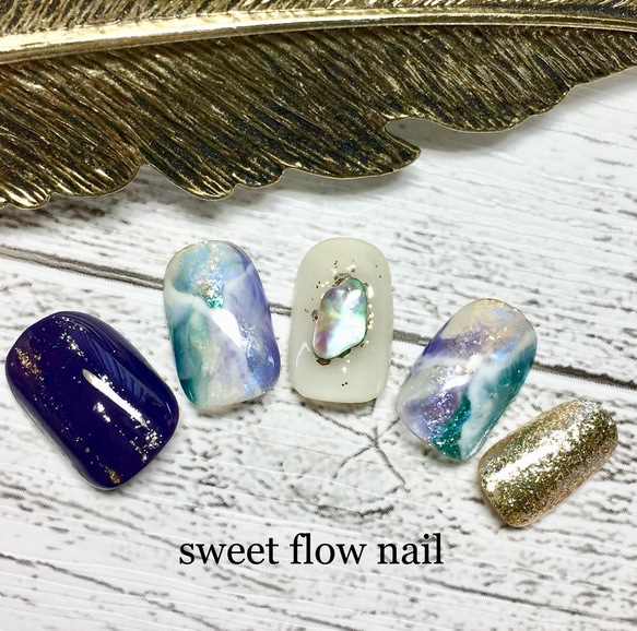 ネイルチップ＊上品ニュアンス 大理石風 ブルー系 シェル ネイルチップ  