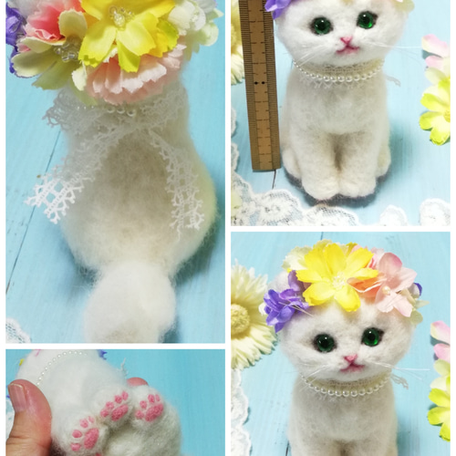 カラフル！お花いっぱいの頭飾り・ほわほわ白猫・羊毛フェルト猫 猫と