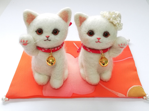 ◾受注制作・ウェルカム招き猫・白猫セット（１２ｃｍサイズ）洋風テイスト 8枚目の画像