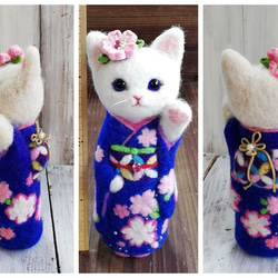 ◾受注制作◾羊毛フェルト・振袖の白猫・18cmサイズ(瑠璃色に桜)　招き猫 4枚目の画像