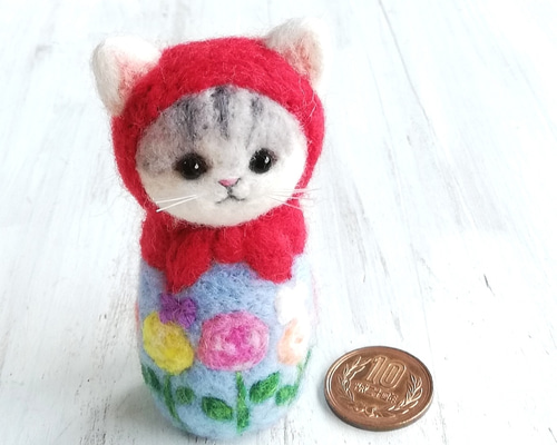 赤メロ　フェルトシリーズセット ◾受注制作・羊毛フェルトの猫マトリョーシカ・カラフルローズ 羊毛