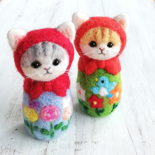◾受注制作・羊毛フェルトの猫マトリョーシカ・カラフルローズ 羊毛