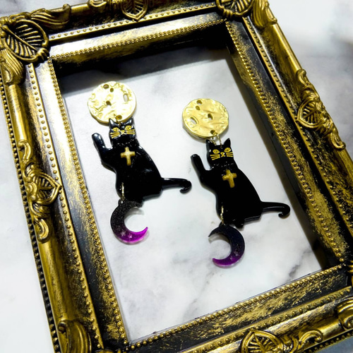 月に願いを 黒猫とお月さま ピアス イヤリング 黒ネコ ねこ cat 大ぶり