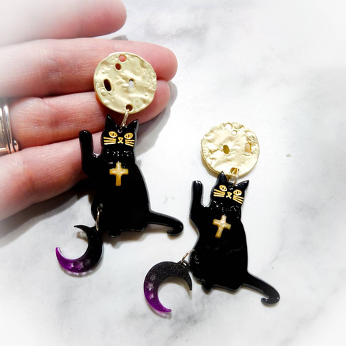 月に願いを 黒猫とお月さま ピアス イヤリング 黒ネコ ねこ cat 大ぶり